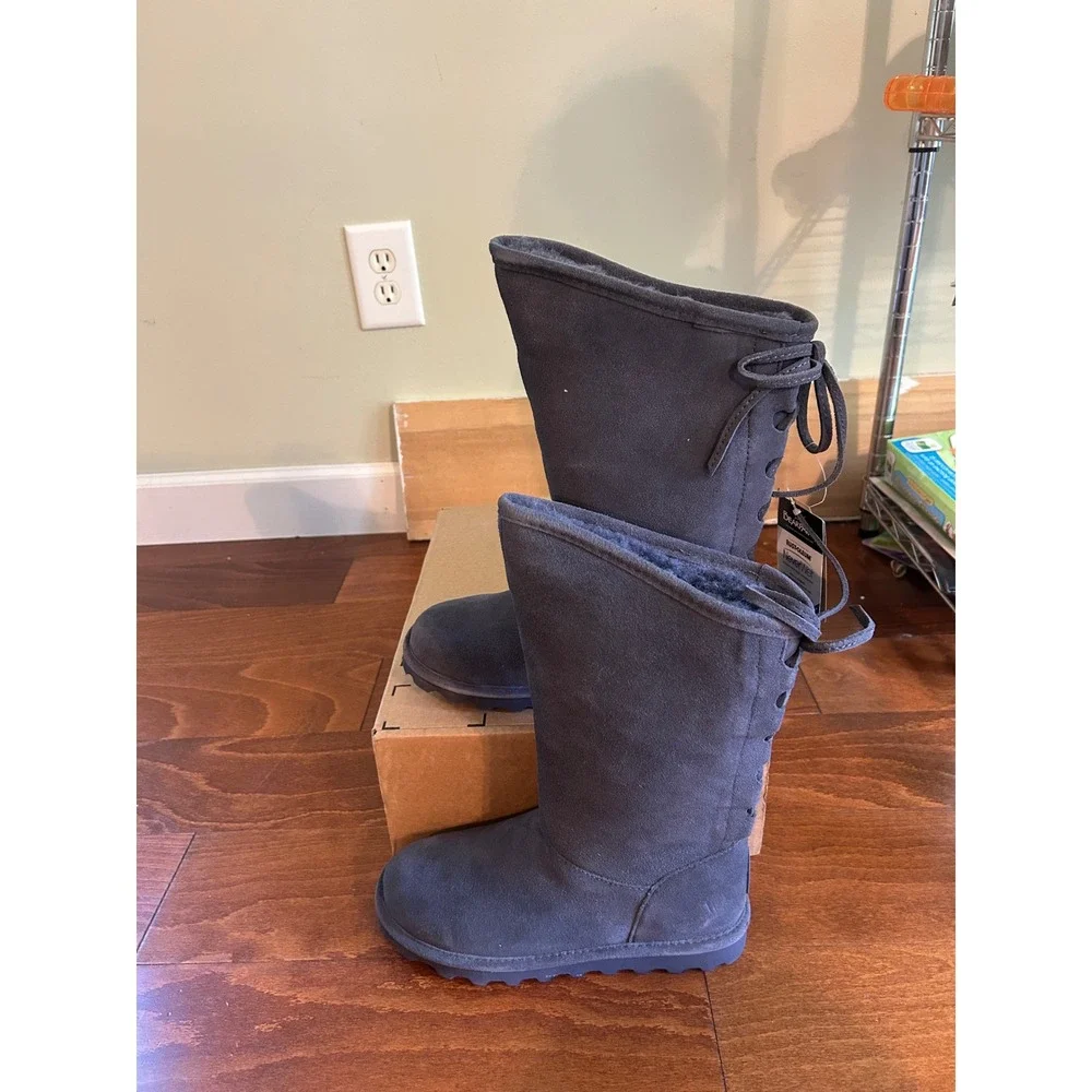 Bearpaw Women Charcoal Gray Suede Lace Back NeverWet Mid Calf Boots NWT Sz 7